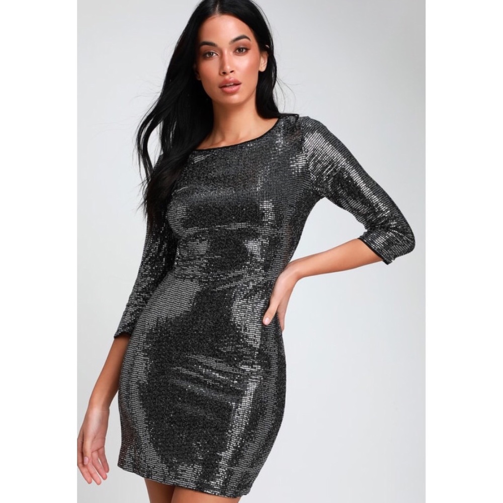 NWT Lulu’s Long Sleeve Gunmetal Sequin Mini Dress